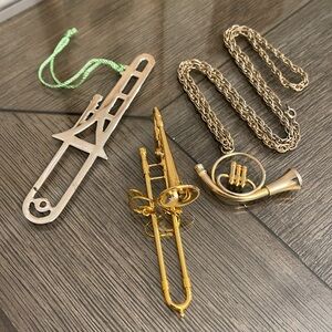 Vintage Gold-Tone Trombone Instrument Christmas Ornament Bundle Holiday